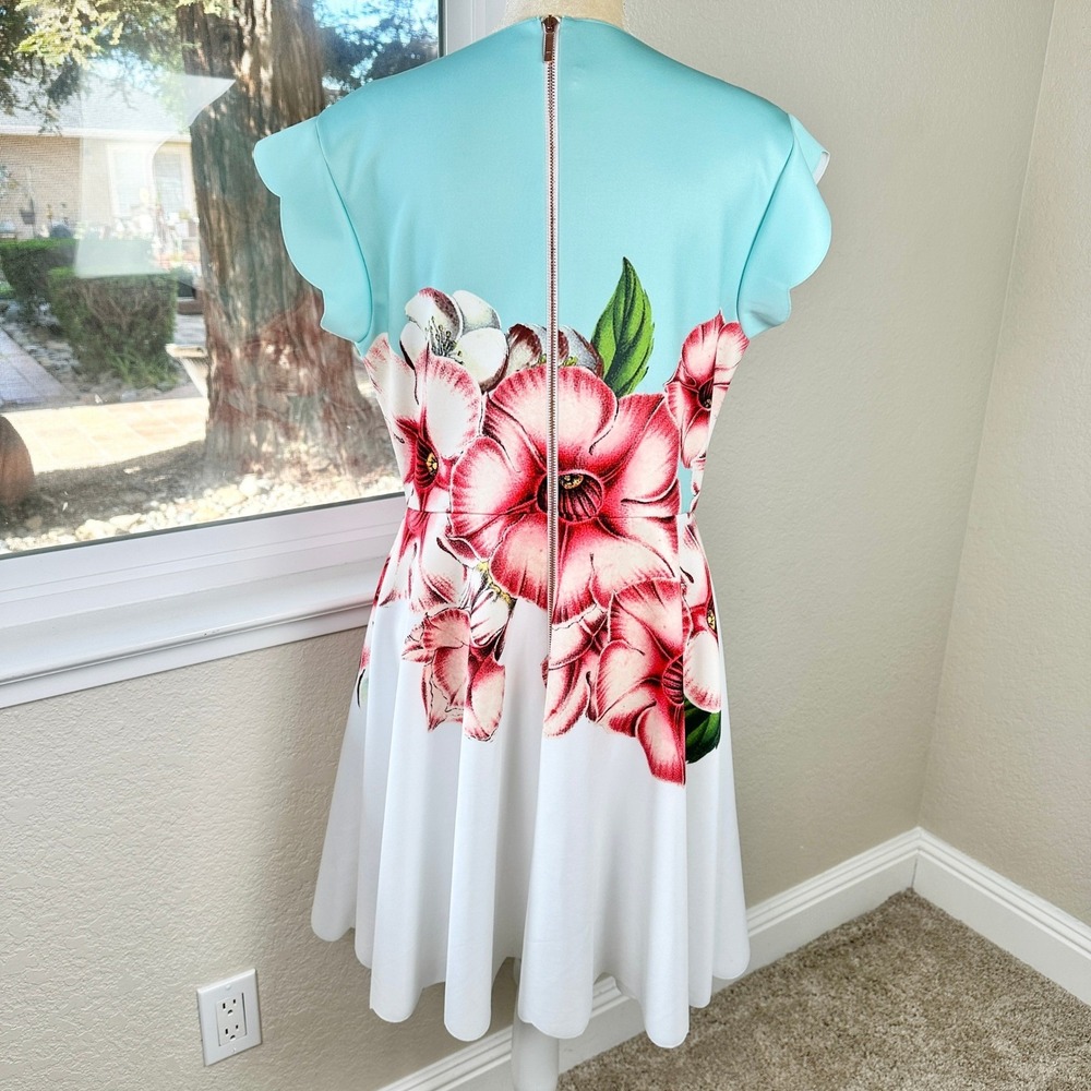 Ted Baker London Maevea Nectar Scallop Mini Dress Womens 12 Floral Skater Crisp - Picture 3 of 15